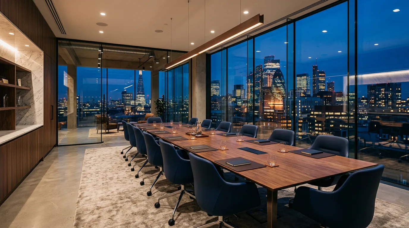 Empty modern meeting room overlooking a city skyline at dusk