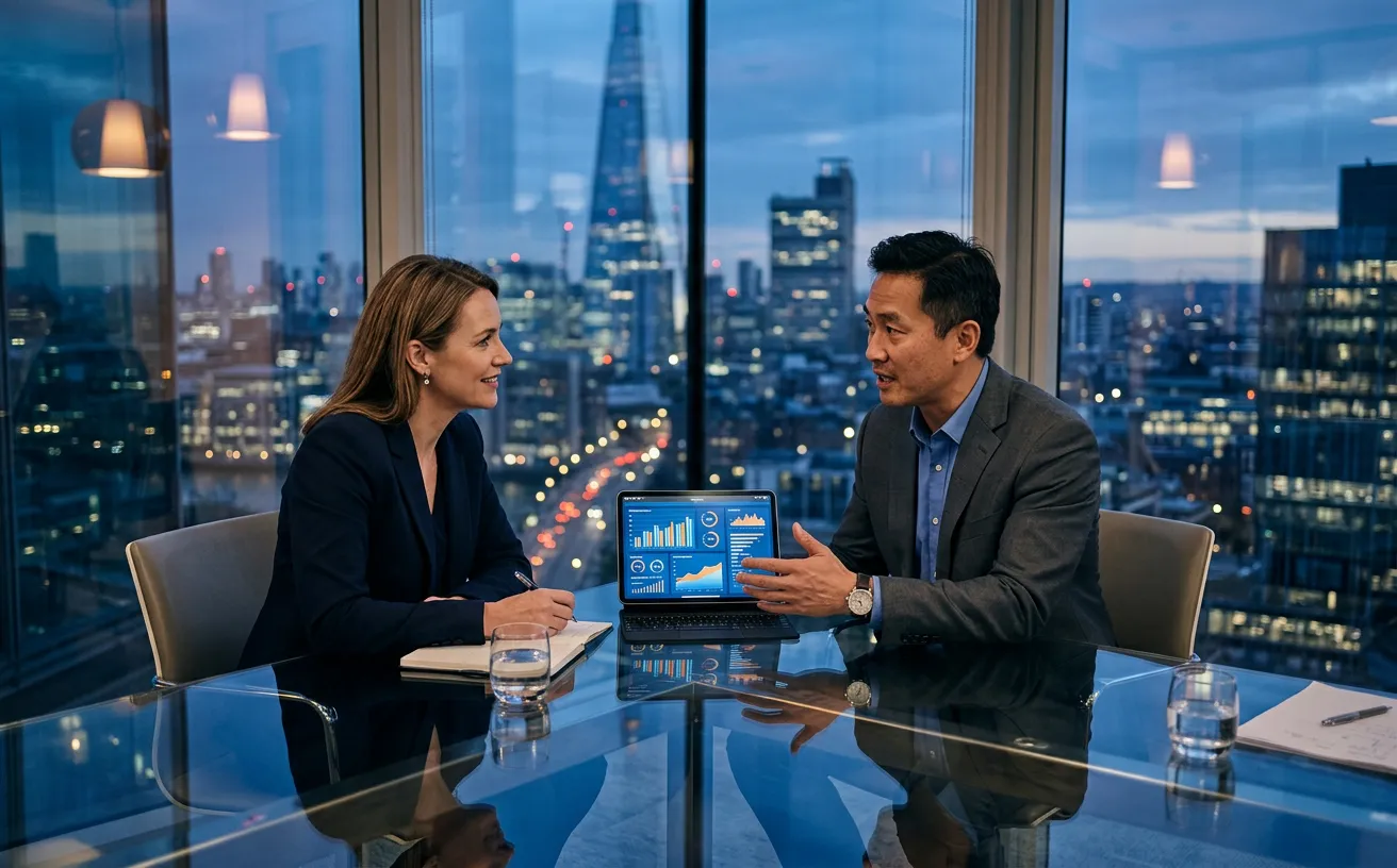 Two consultants discussing performance charts across a glass table with a city skyline behind